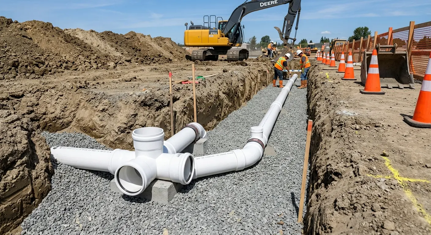 New PVC sewer pipe installation in open trench for Commercial Drain Cleaning in Stephenville