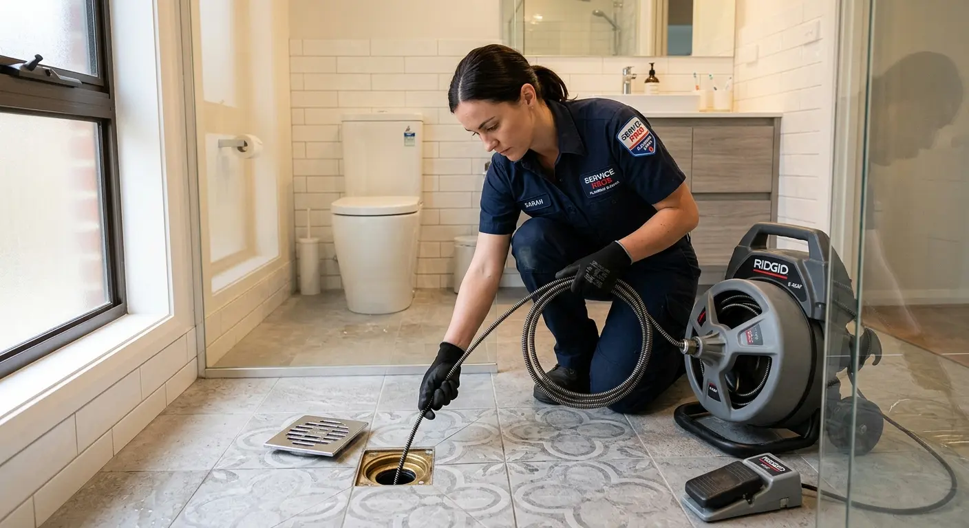 Technician clearing a bathroom floor drain for Clogged Drain Repair in Stephenville
